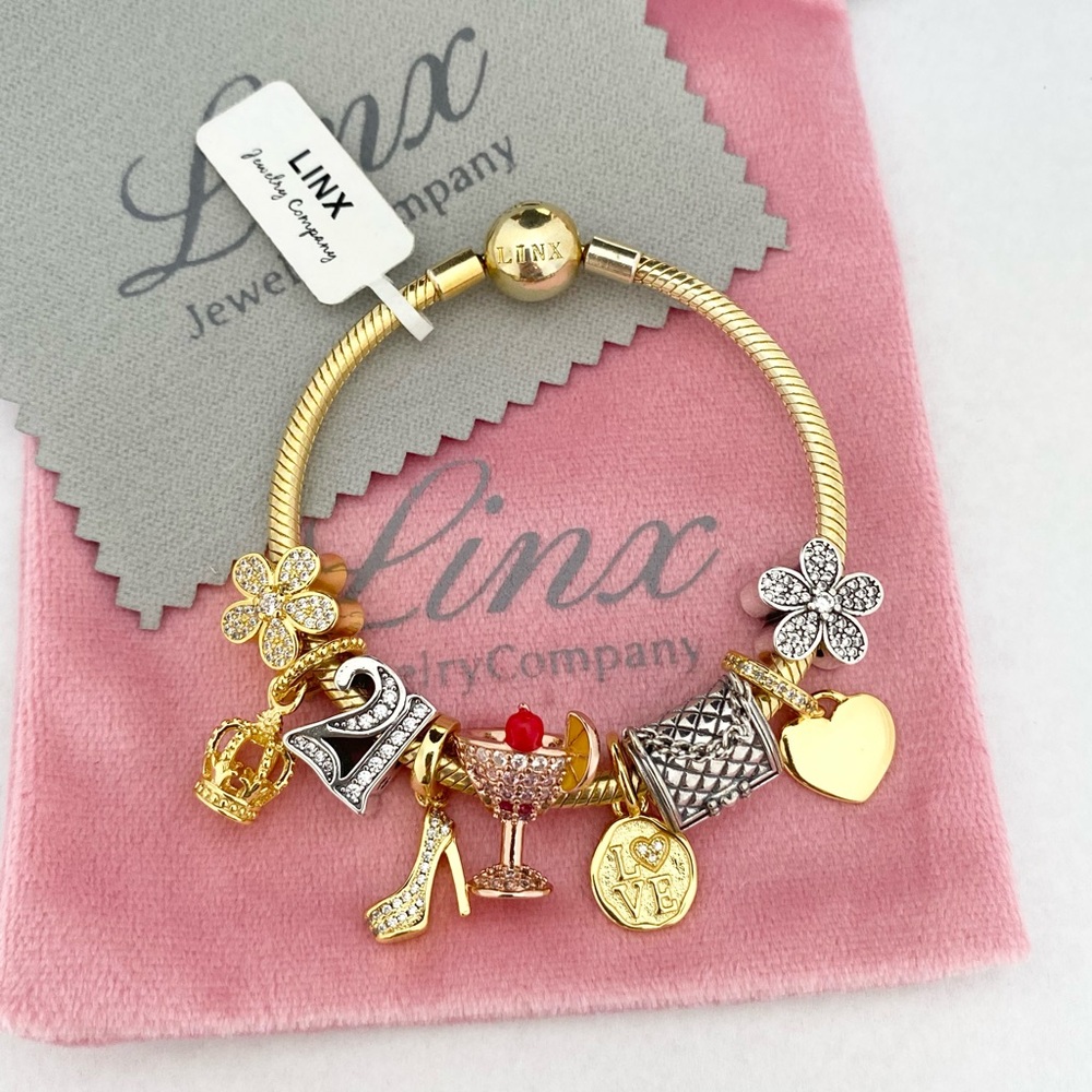 Linx Yellow Gold Snake Chain Bracelet with 21st Birthday Themed Charms
